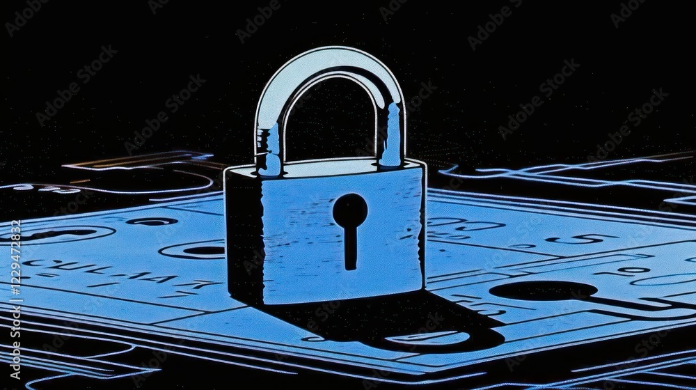 Aufkleber a metallic padlock resting on a blue-toned surface with intricate patterns and shadows