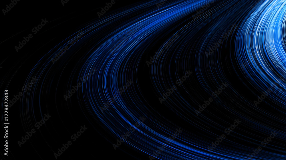 Poster abstract blue light trails flow gracefully across a dark background, creating a dynamic visual.