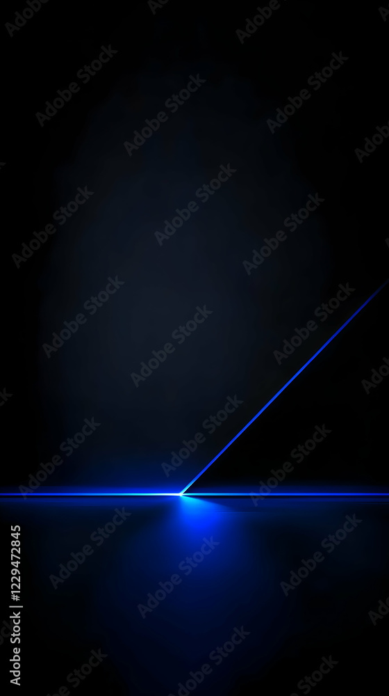 Poster blue neon light creates a triangle on a dark background with reflections below.