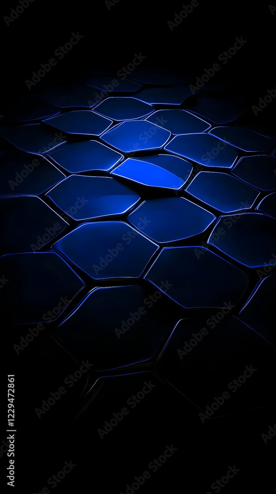 Poster dark blue hexagonal pattern creates a futuristic and technological background with subtle lighting.