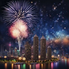 Spectacular fireworks display brightens the night sky over tall buildings and city lights, AI generated