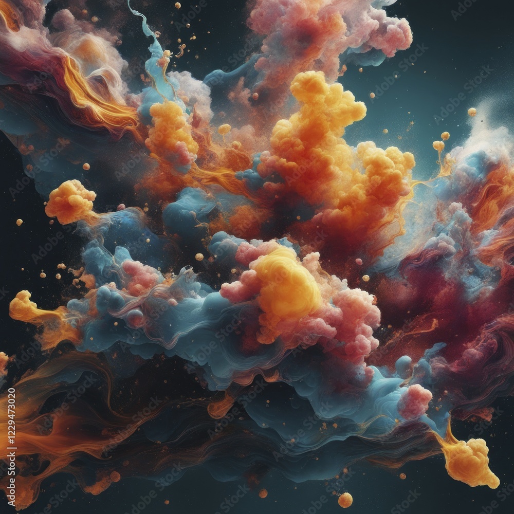 Poster abstract swirling patterns of orange, blue, and red floating in a dynamic composition, ai generated