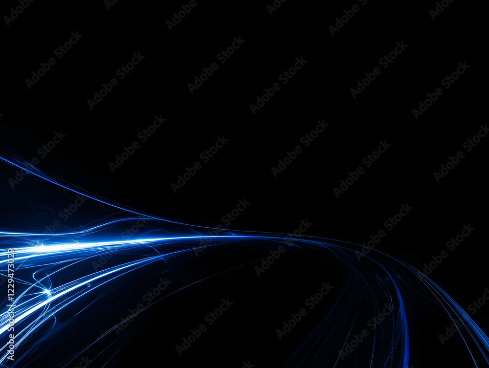 Poster abstract blue light streaks flow across a dark background, creating a dynamic and energetic composit