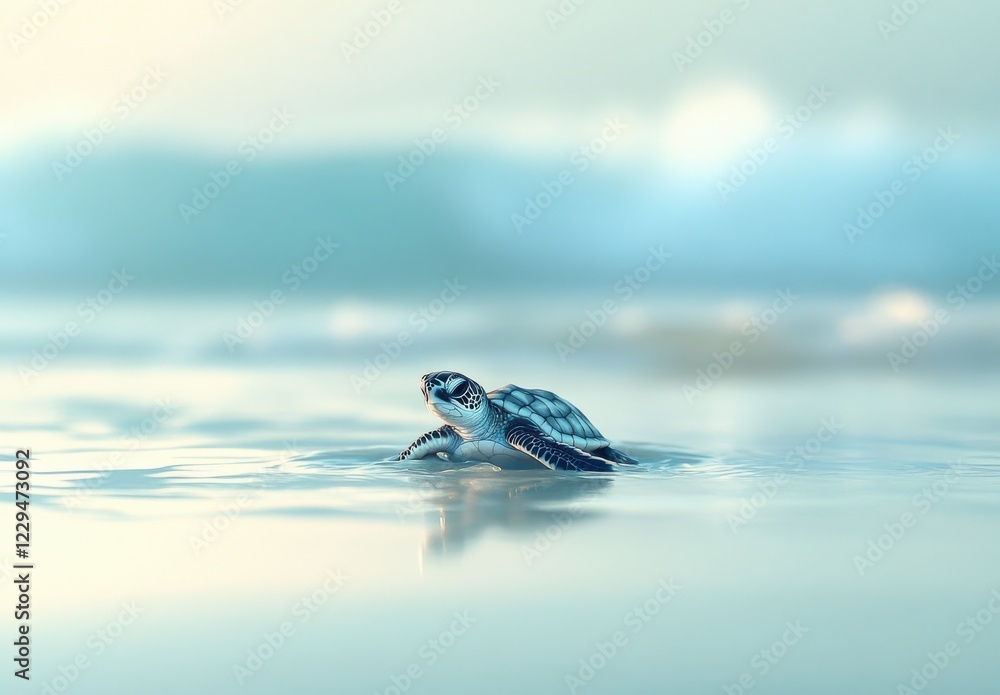 Poster adorable baby sea turtle emerging from calm ocean waters at dawn with soft waves in background and g
