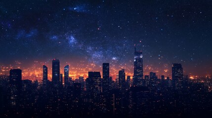 Obraz premium A breathtaking night view showcasing a vibrant skyline, illuminated buildings, and a starry sky, creating a peaceful urban ambiance perfect for city lovers.