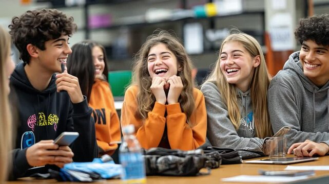 Teenage Friends Laughter: A group of happy teenagers share a joyful moment, laughing and connecting with each other. The image radiates positive energy and youthful exuberance. 