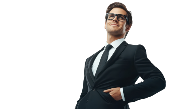 Confident businessman poses in formal attire against a clean, white background showcasing professionalism and style