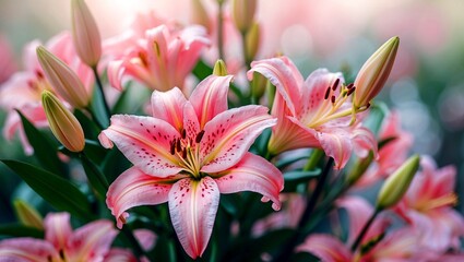 Fototapeta premium Beautiful pink lilies in bloom with soft focus
