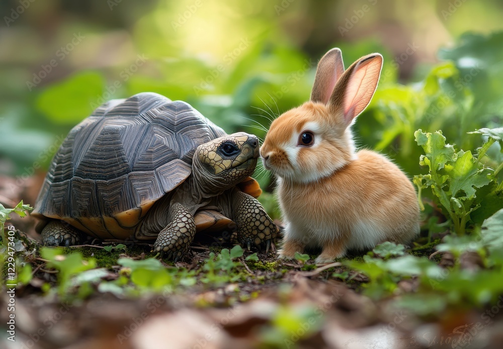 Aufkleber adorable encounter between a gentle turtle and a curious bunny in a lush green forest setting with s
