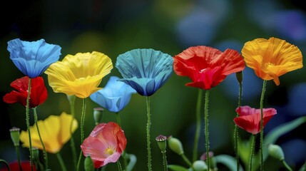 Obraz premium Vibrant poppies with bright colors against a dark background, showcasing their blooming stages and delicate stems, AI generated