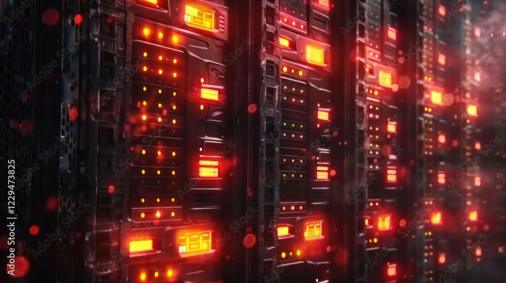 Poster futuristic server room with glowing red lights and data processing machines in action