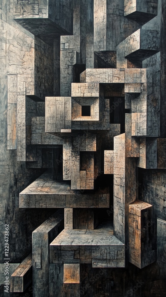 Poster intricate and artistic depiction of wooden blocks arranged in a three-dimensional structure, showcas