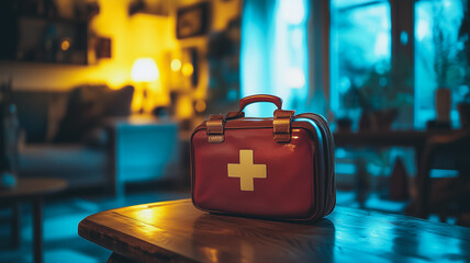 First Aid Kit on Table: A red first-aid kit, featuring a prominent white cross, rests on a wooden table in a softly lit home setting. The image evokes feelings of preparedness and care. 