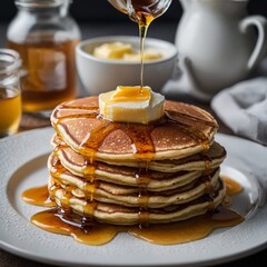 stack of pancakes with syrup, generative ai, ai generated Pancakes topped with melting butter and drizzled with maple syrup Pancakes topped with melting butter and drizzled with maple syrup