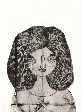 A peaceful portrait of a girl , made in dry point technique , milk carton printing