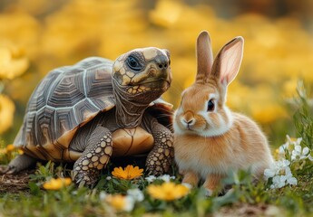 Adorable tortoise and fluffy rabbit nestled together among vibrant yellow and white wildflowers in a sunny, serene outdoor setting