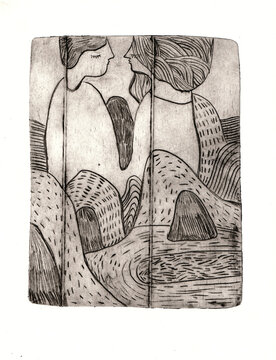 A couple behind mountains, made in dry point technique , milk carton printing