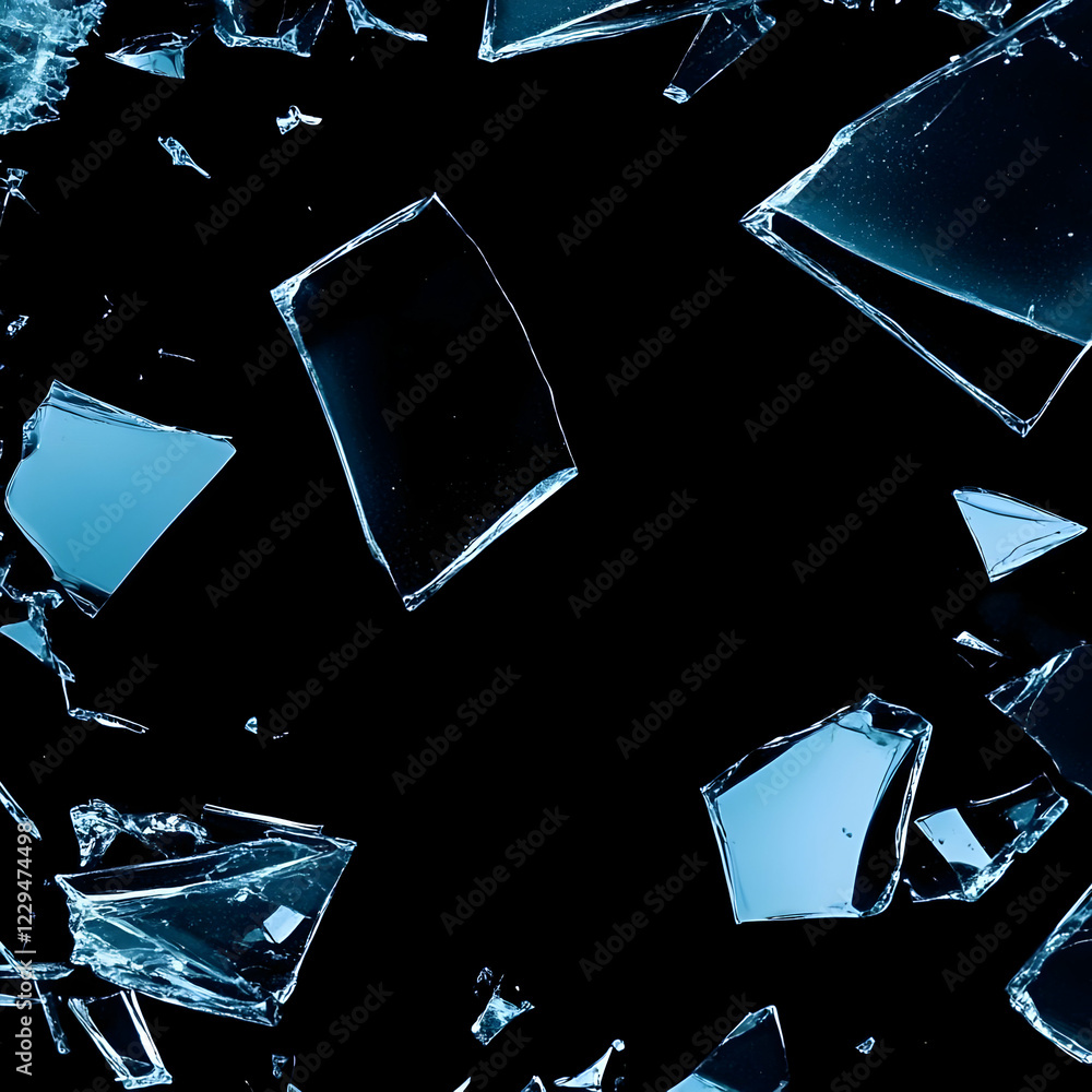 Poster shattered glass shards explode dramatically against a dark background, creating an abstract composit