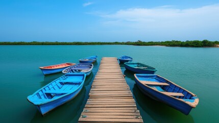 Obraz premium A serene dock with colorful boats on calm waters, surrounded by lush greenery under a clear blue sky, perfect for tranquil escapes.