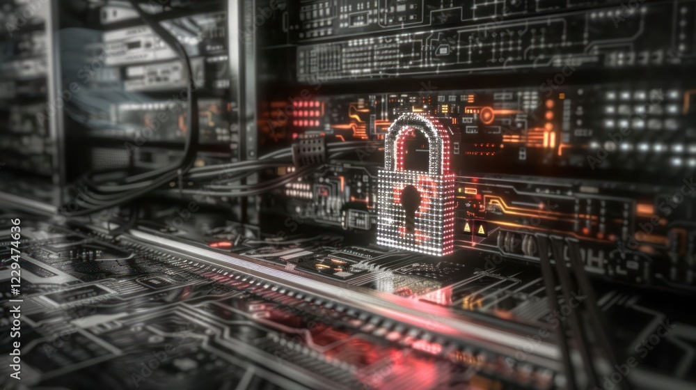 Aufkleber digital security concept with a glowing lock on a circuit board in a data center environment