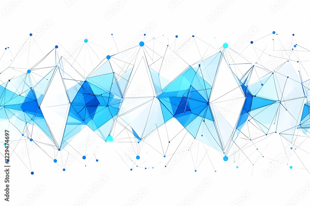 Poster abstract blue triangles and connected dots form a futuristic design on white background