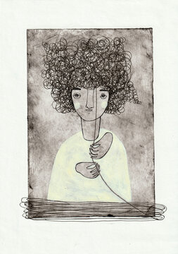 A girl pulling her messy hair to make it into a tidy pile of thread