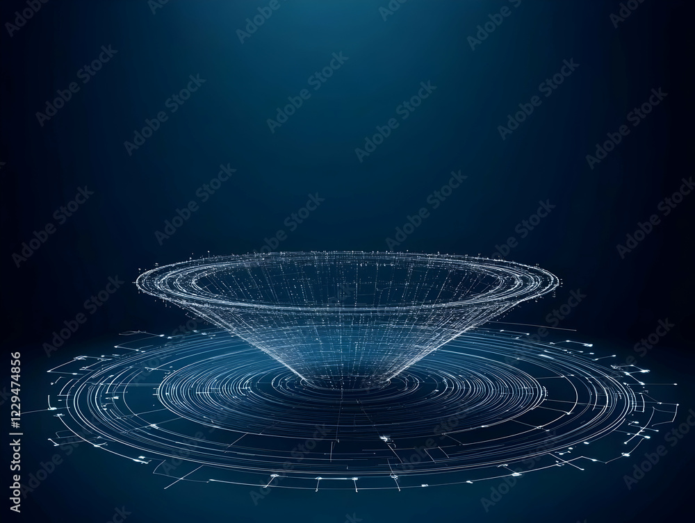 Poster abstract 3d funnel structure with lines and particles on dark blue background