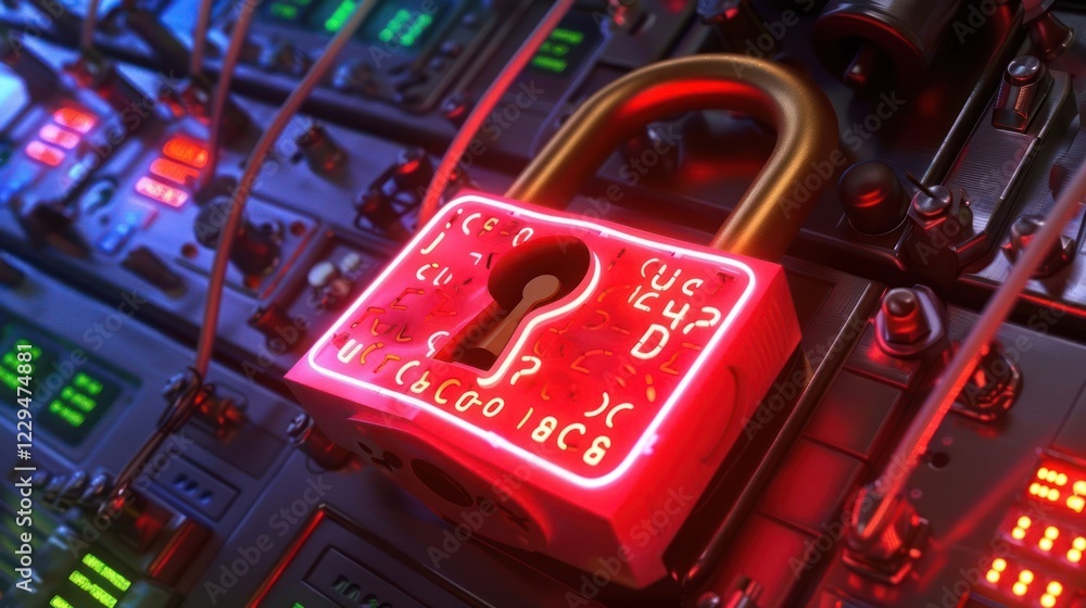 Poster futuristic digital padlock on a control panel with glowing screens and wires, symbolizing security