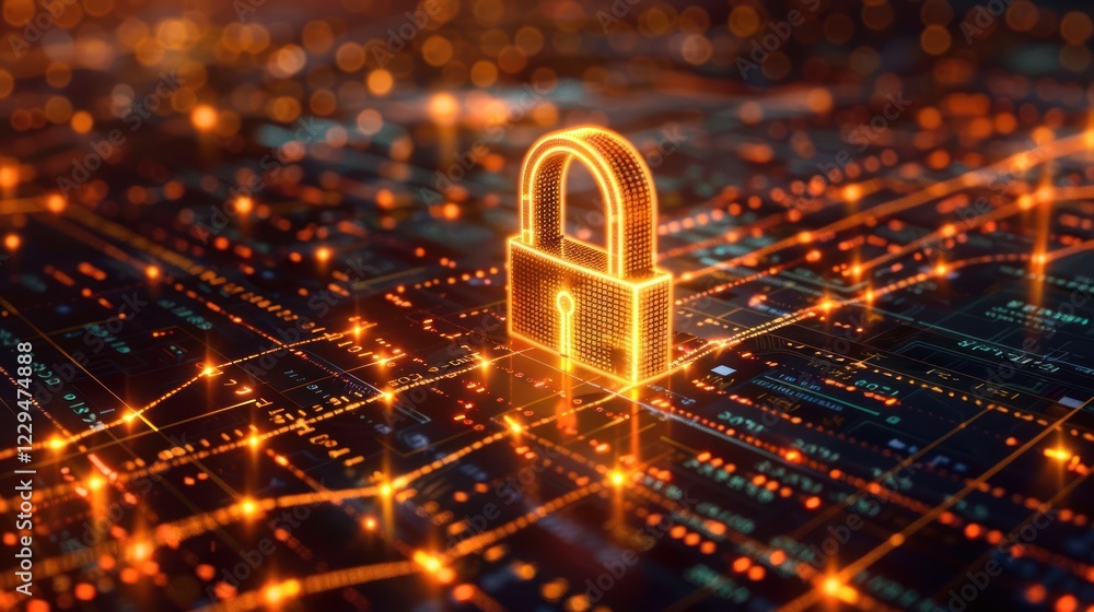 Poster digital lock symbolizing cybersecurity amidst a network of glowing data connections