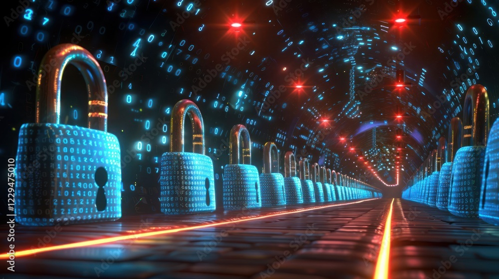 Poster digital tunnel with glowing padlocks and binary code, symbolizing cybersecurity and protection