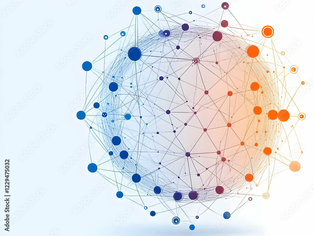 Poster abstract sphere illustrates complex network connections with colorful nodes and lines