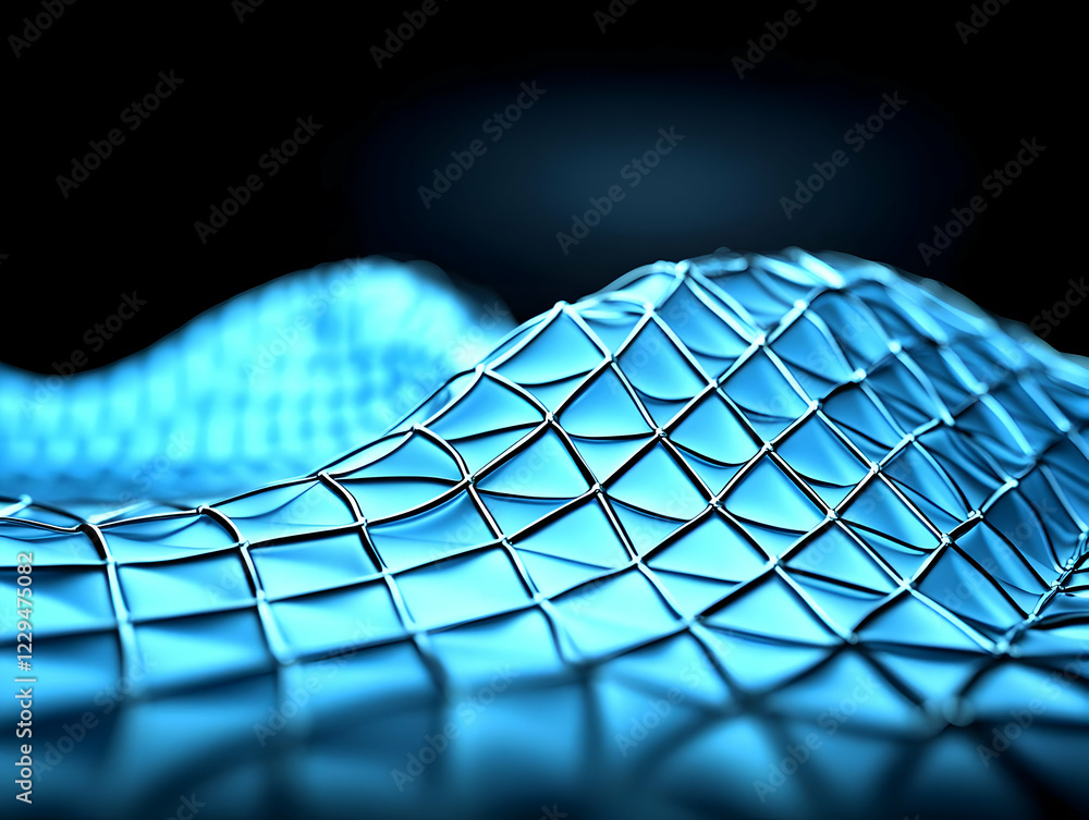 Poster abstract 3d render of a blue wavy mesh structure gently undulates on a dark background.