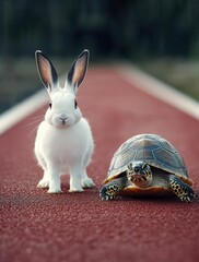 Adorable white rabbit and charming turtle standing side by side on a vibrant running track, showcasing the beauty of friendship in nature.