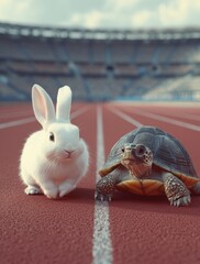 Adorable White Rabbit and Charming Turtle on Running Track in Athletic Stadium Under Blue Sky, Symbolizing Speed and Slow but Steady Progress in Life