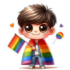 Pride celebration with a young boy holding a rainbow flag outdoor event festive atmosphere