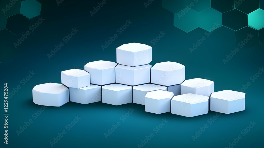 Poster 3d white hexagonal blocks stacked in pyramid shape on teal background with hexagon pattern