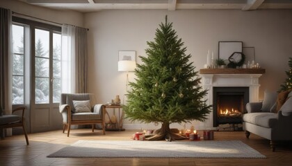 Evergreen Christmas tree with pine needles and branches in a living room , living room decor, winter interior