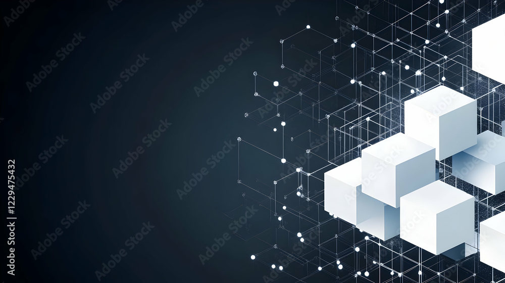 Poster abstract 3d cubes connected by lines and dots on a dark background representing data or network