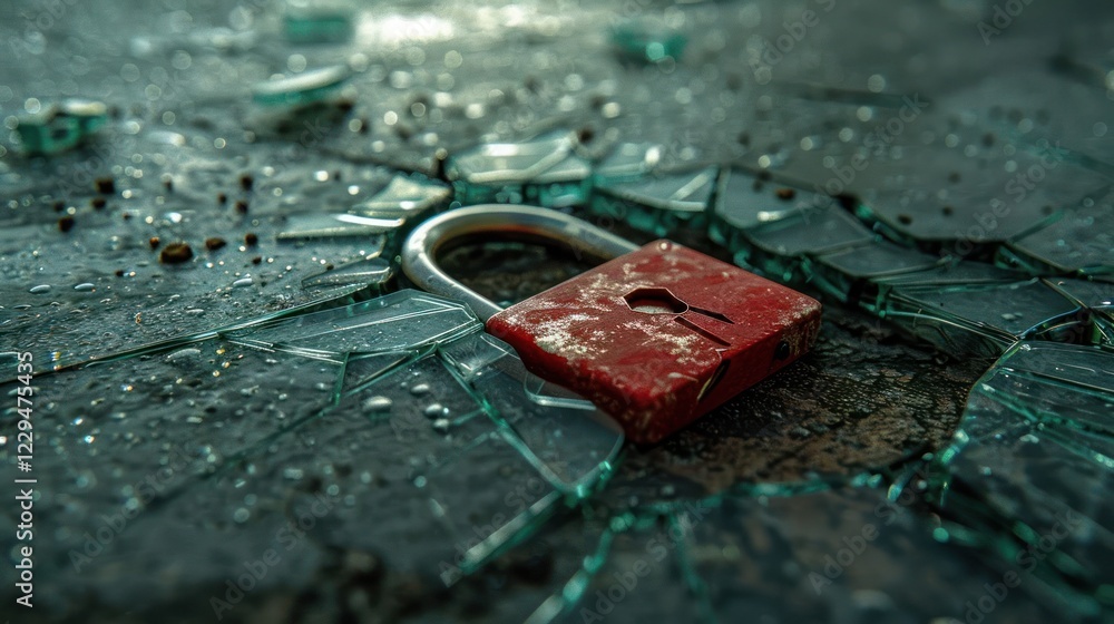 Poster a close-up of a red padlock resting on shattered glass, symbolizing security and vulnerability