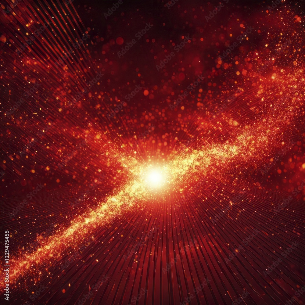 Poster abstract image of a golden explosion of light and sparkles radiating on a red background, representi
