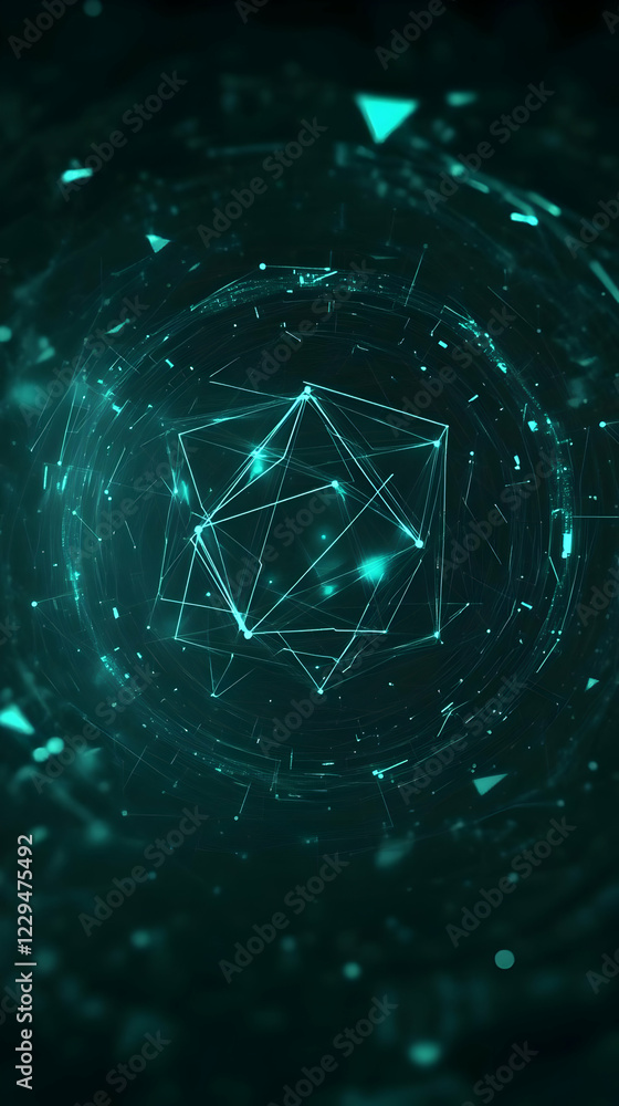 Poster abstract turquoise geometric shape illuminates dark background with glowing particles dynamically