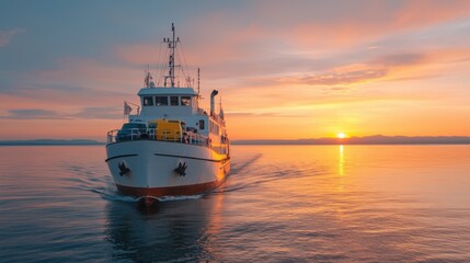 Fototapeta premium A serene view of a ferry sailing on calm waters with a breathtaking sunset in the background, capturing the beauty of travel and nature.