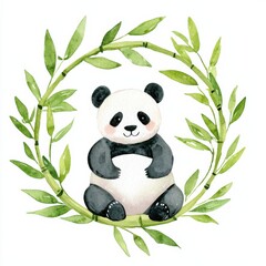 Whimsical watercolor panda surrounded by greenery nature scene cute animal art playful vibe, isolated on white background