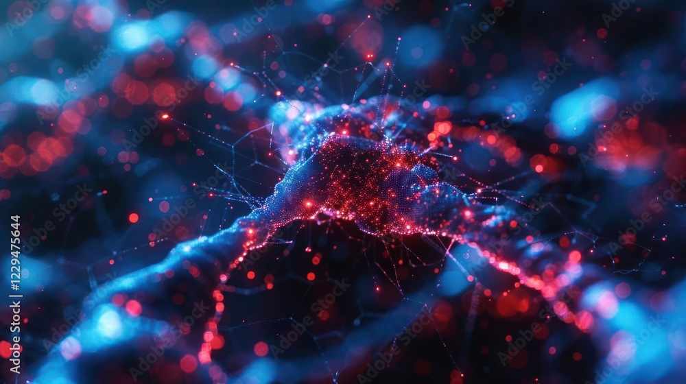 Poster abstract visualization of interconnected neurons with glowing particles in a dark background