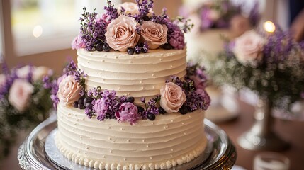 Elegant two-tier wedding cake adorned with fresh roses and purple flowers, perfect for special celebrations.