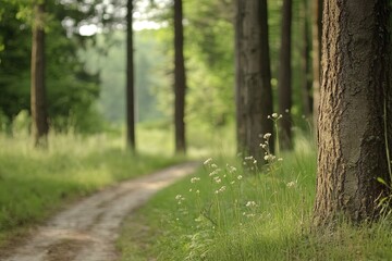Obraz premium Serene forest path winding through lush greenery during the golden hour of early morning