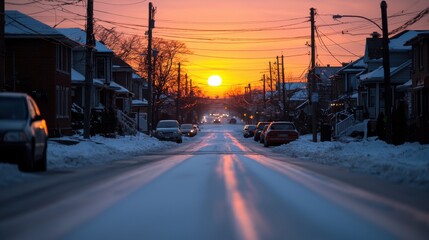 Obraz premium A serene winter street at sunset, featuring snow-covered roads and houses bathed in warm, golden light.
