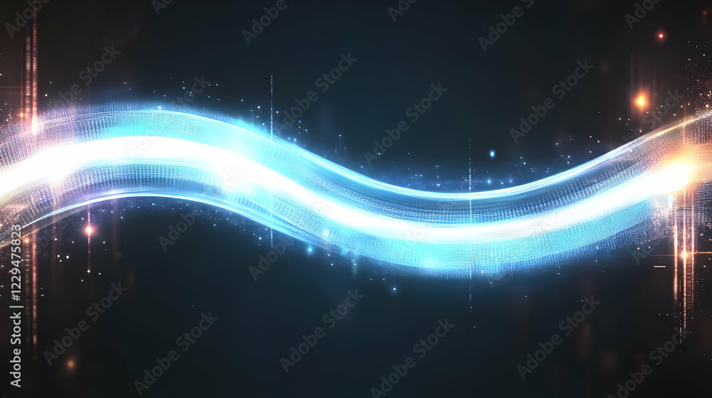 Poster abstract light wave flows across dark background with glowing particles.