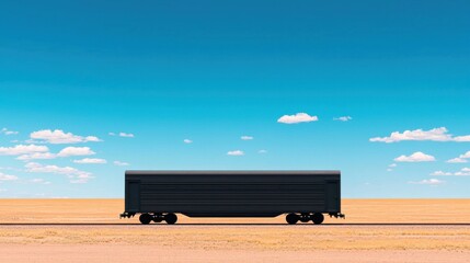 A solitary black freight truck on a desolate landscape under a vast blue sky, symbolizing isolation and journey.