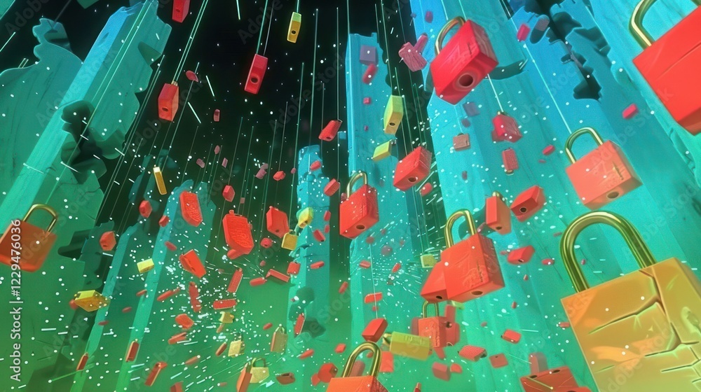 Poster colorful digital representation of floating locks in a surreal environment with glowing elements